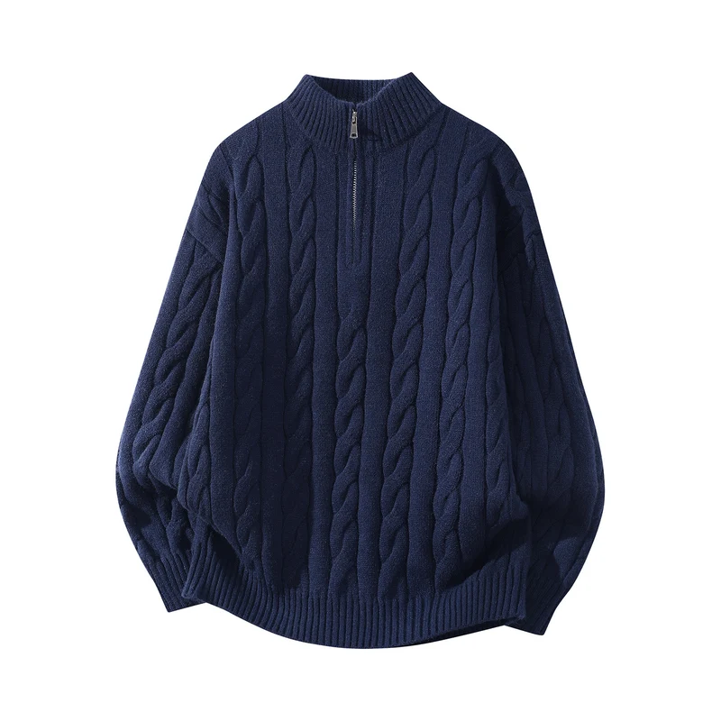 Damen Oversize Zopfmuster-Halbreißverschluss-Pullover mit Ballonärmeln und Stehkragen Drune
