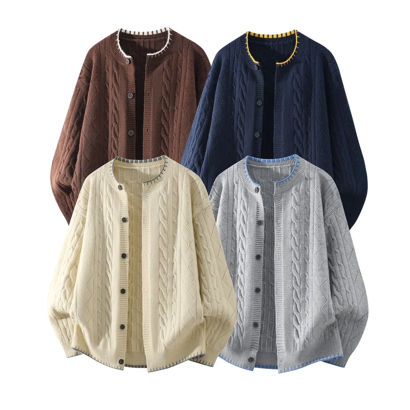 Damen Oversize Zopfmuster-Cardigan mit Rundhalsausschnitt, Ballonärmeln & Kontrastnaht Drune