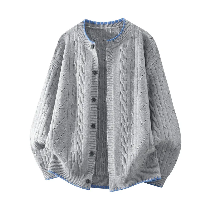 Damen Oversize Zopfmuster-Cardigan mit Rundhalsausschnitt, Ballonärmeln & Kontrastnaht Drune