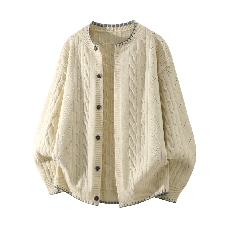 Damen Oversize Zopfmuster-Cardigan mit Rundhalsausschnitt, Ballonärmeln & Kontrastnaht Drune