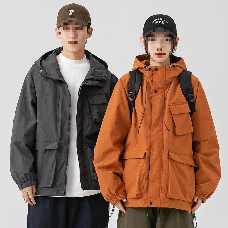 Damen Oversize Utility-Übergangsjacke mit Kapuze, Mehrfach-Taschen & Kordelzug Drune