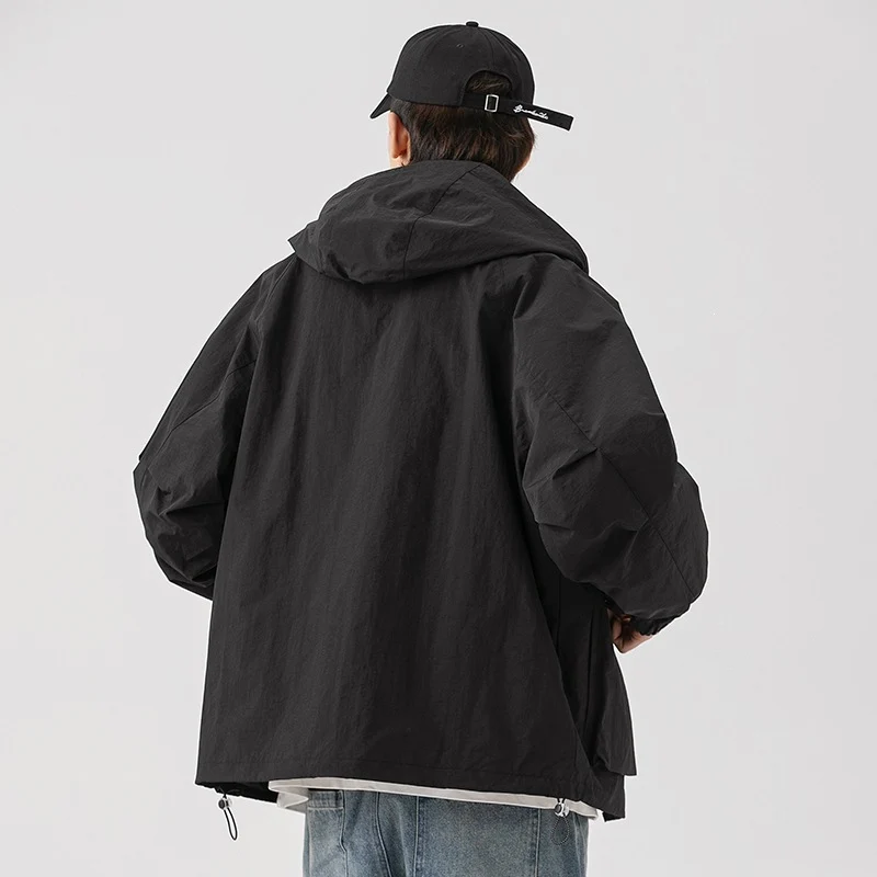 Damen Oversize Utility-Übergangsjacke mit Kapuze, Mehrfach-Taschen & Kordelzug Drune