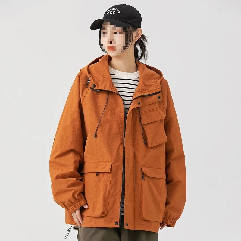Damen Oversize Utility-Übergangsjacke mit Kapuze, Mehrfach-Taschen & Kordelzug Drune