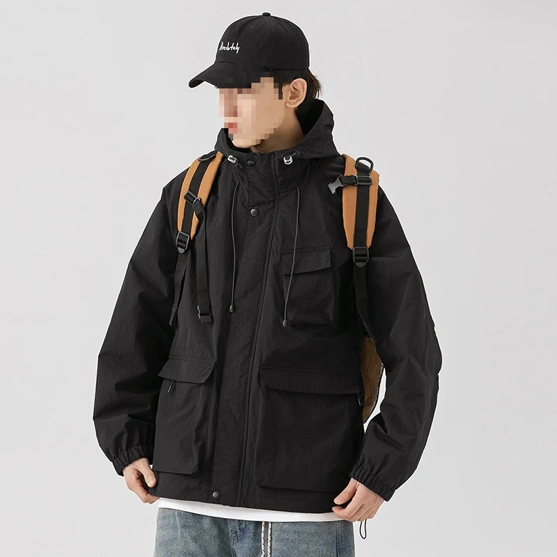 Damen Oversize Utility-Übergangsjacke mit Kapuze, Mehrfach-Taschen & Kordelzug Drune