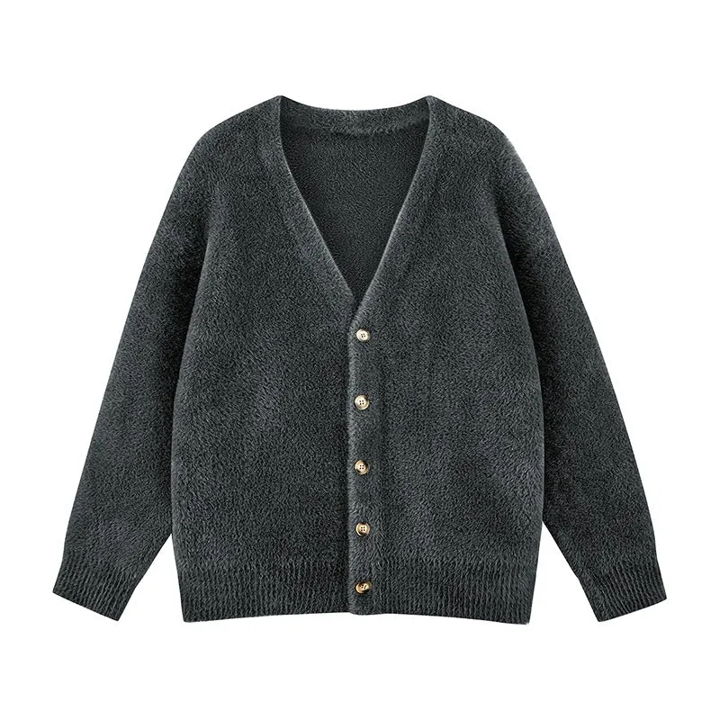 Damen Oversize Teddy-Strickcardigan mit V‑Ausschnitt und Holzknöpfen Drune