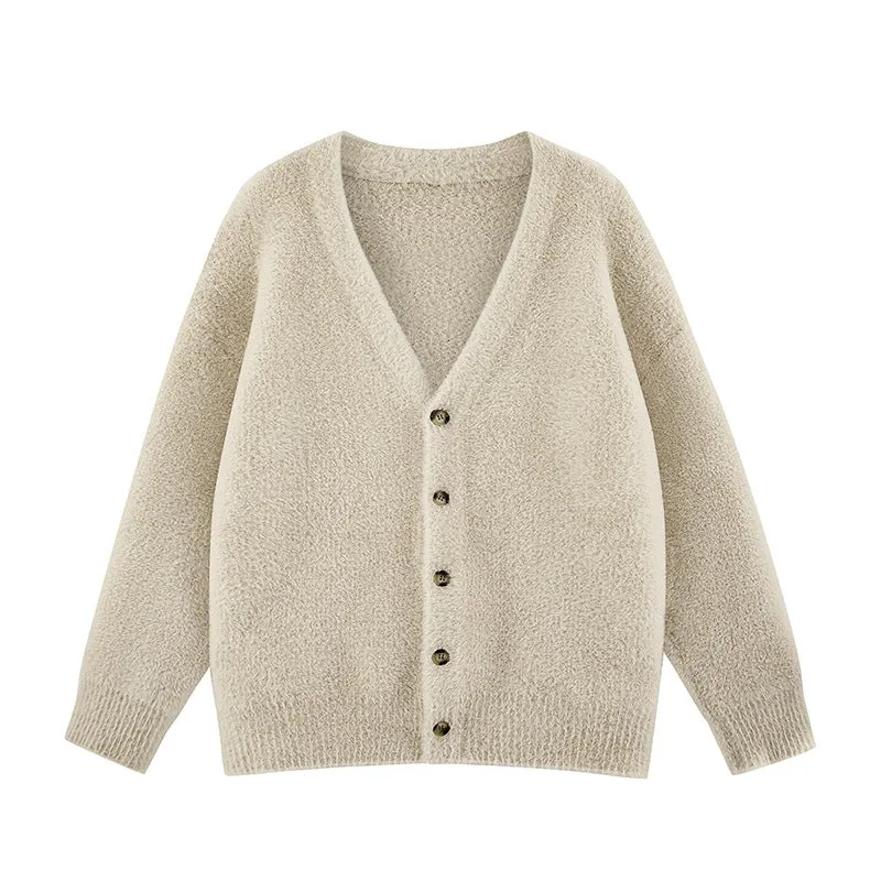 Damen Oversize Teddy-Strickcardigan mit V‑Ausschnitt und Holzknöpfen Drune
