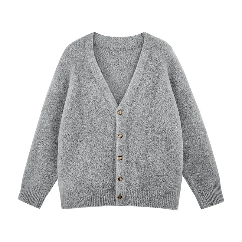 Damen Oversize Teddy-Strickcardigan mit V‑Ausschnitt und Holzknöpfen Drune