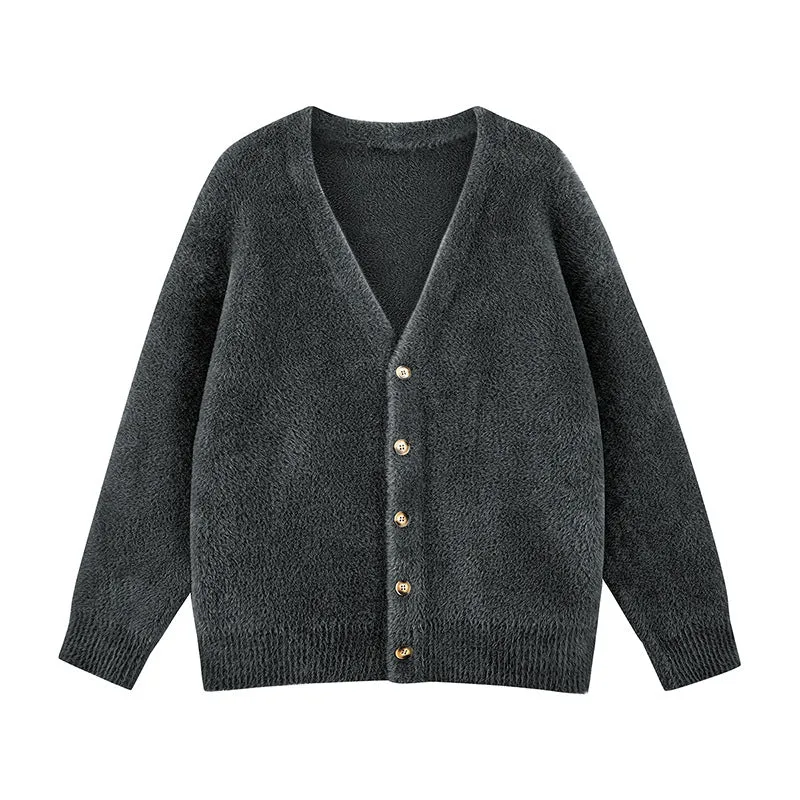Damen Oversize Teddy-Strickcardigan mit V‑Ausschnitt und Holzknöpfen Drune