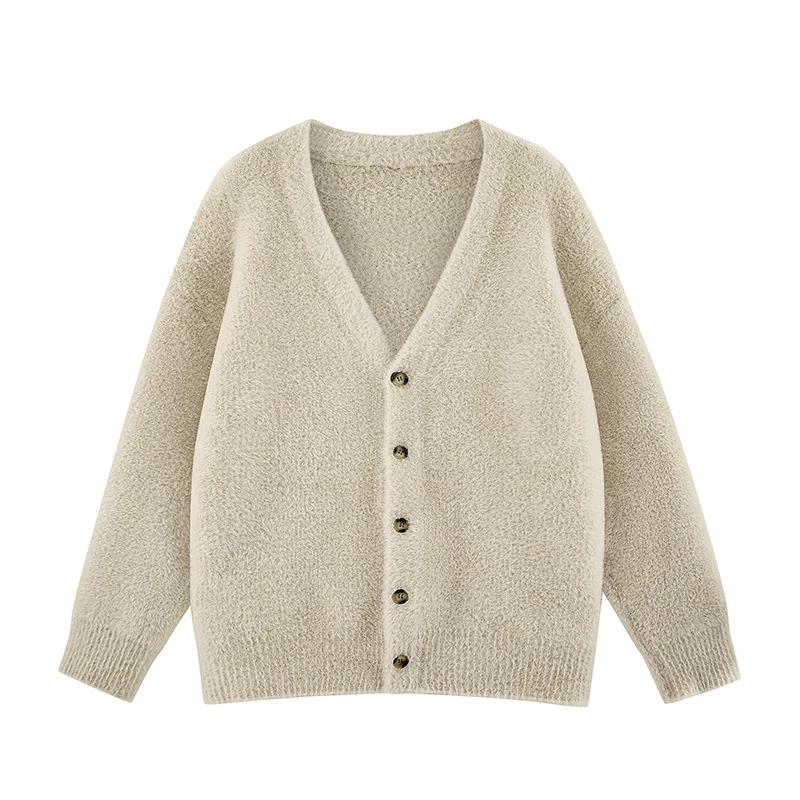 Damen Oversize Teddy-Strickcardigan mit V‑Ausschnitt und Holzknöpfen Drune