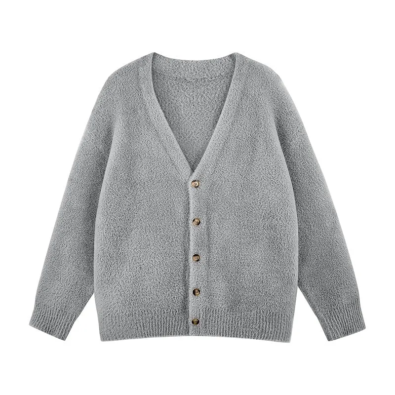 Damen Oversize Teddy-Strickcardigan mit V‑Ausschnitt und Holzknöpfen Drune