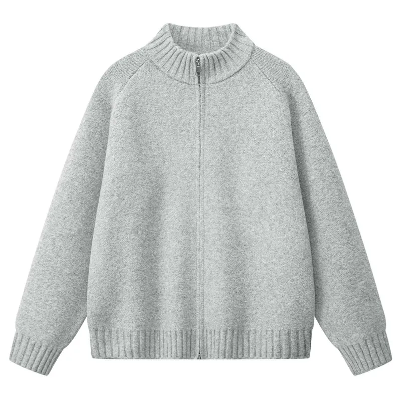 Damen Oversize Teddy-Strick-Cardigan mit Stehkragen, Rippsäumen & Zwei-Wege-Reißverschluss Drune