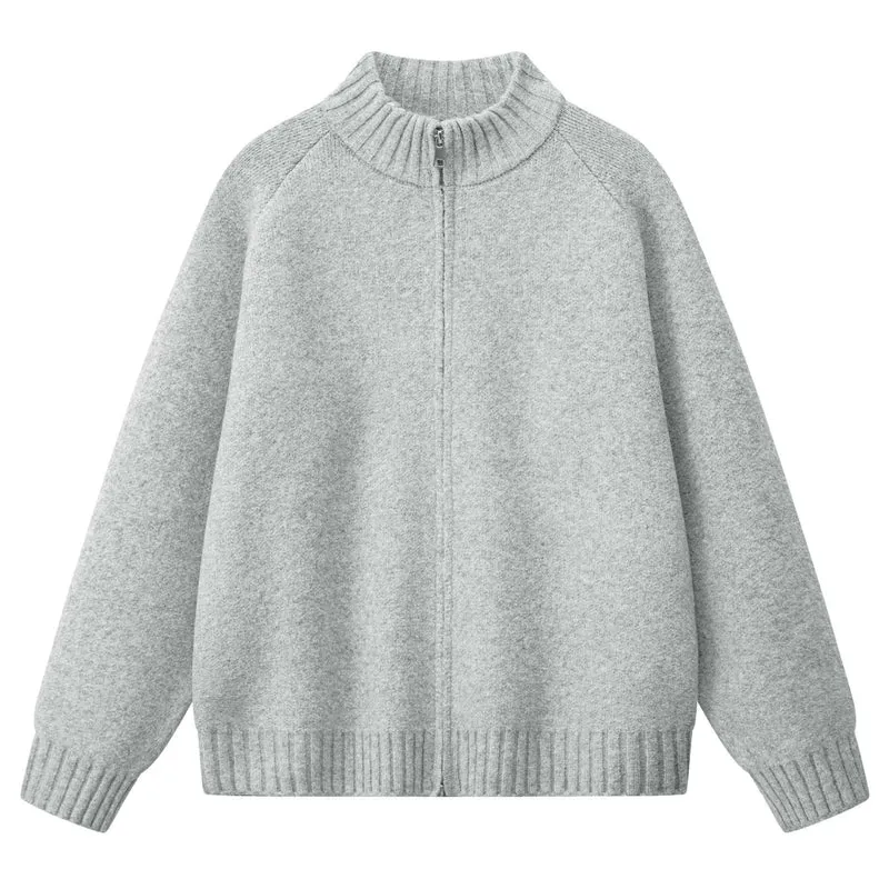 Damen Oversize Teddy-Strick-Cardigan mit Stehkragen, Rippsäumen & Zwei-Wege-Reißverschluss Drune