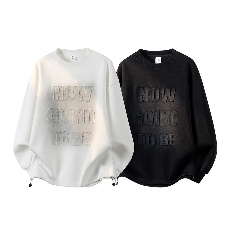 Damen Oversize-Sweatshirt mit gesticktem Schriftzug, abgerundetem Saum & überschnittener Schulter Drune