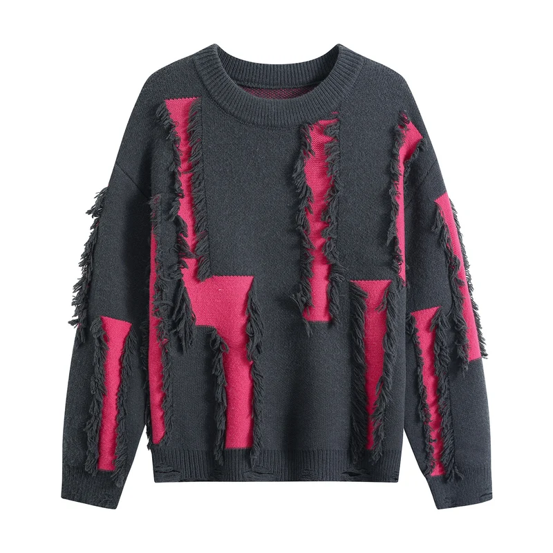 Damen Oversize Strickpullover mit Fransenapplikationen und Destroy-Look Drune