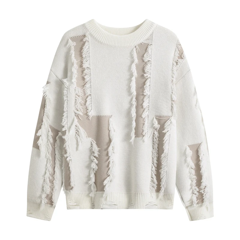 Damen Oversize Strickpullover mit Fransenapplikationen und Destroy-Look Drune