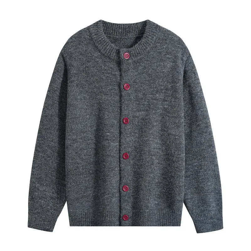 Damen Oversize-Strickjacke mit Rundhalsausschnitt, Rippsaum & Kontrastknöpfen Drune