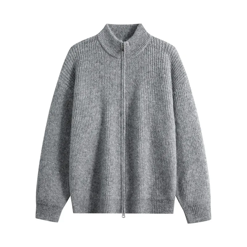 Damen Oversize-Strickjacke mit Rundhalsausschnitt, Rippsaum & Kontrastknöpfen Drune