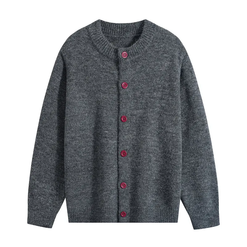 Damen Oversize-Strickjacke mit Rundhalsausschnitt, Rippsaum & Kontrastknöpfen Drune