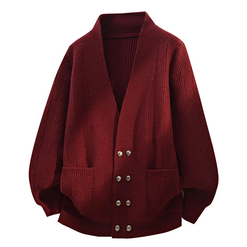 Damen Oversize Strickcardigan mit Schalkragen, doppelreihiger Knopfleiste & Eingrifftaschen Drune