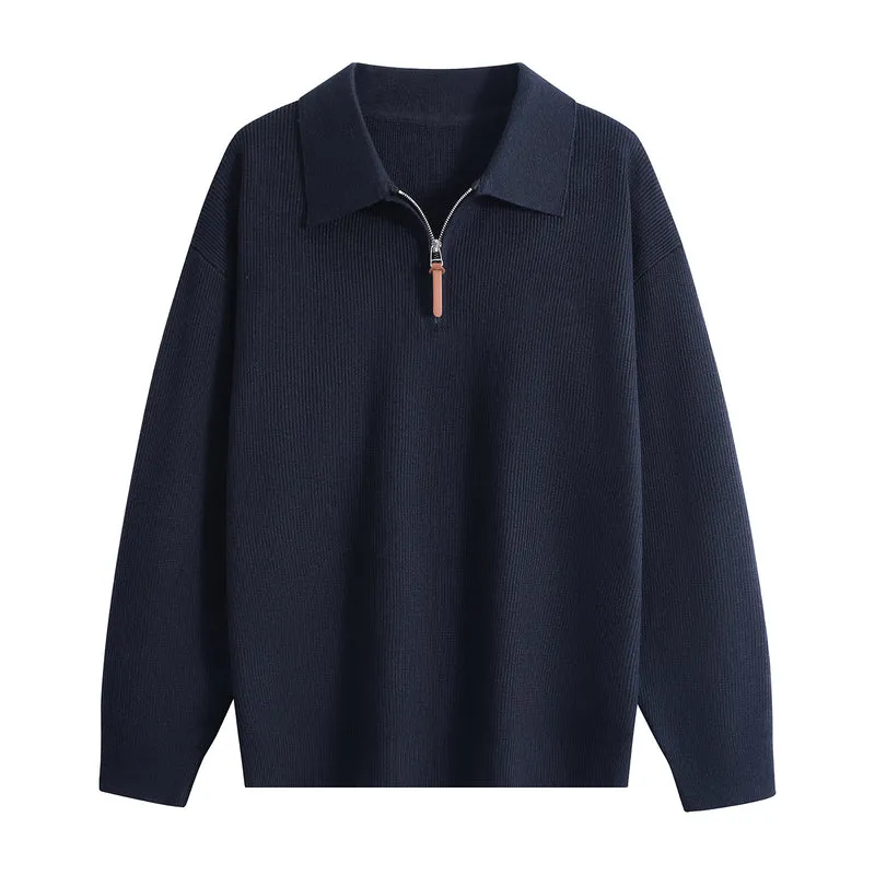 Damen Oversize Rippstrick-Pullover mit Polokragen & Kurz‑Zip Drune