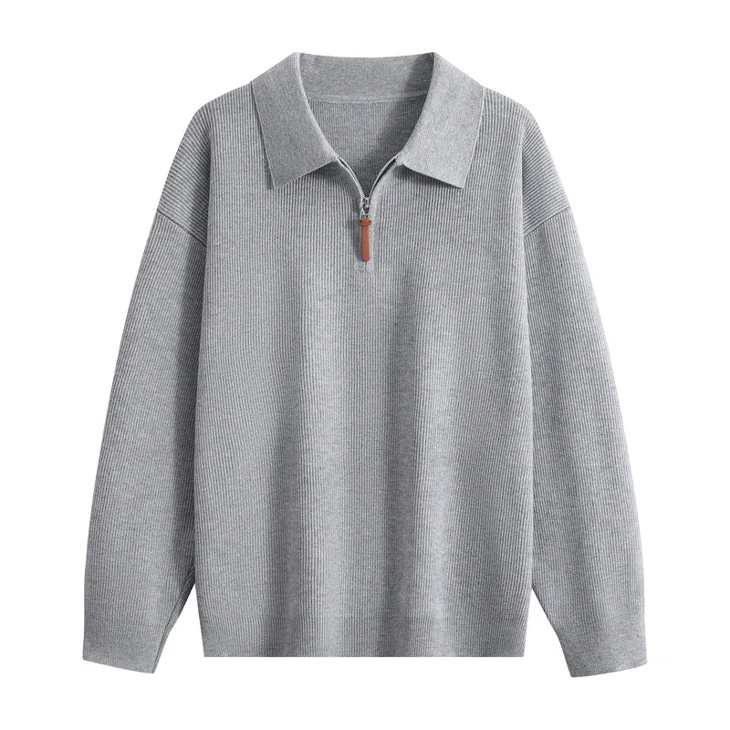 Damen Oversize Rippstrick-Pullover mit Polokragen & Kurz‑Zip Drune