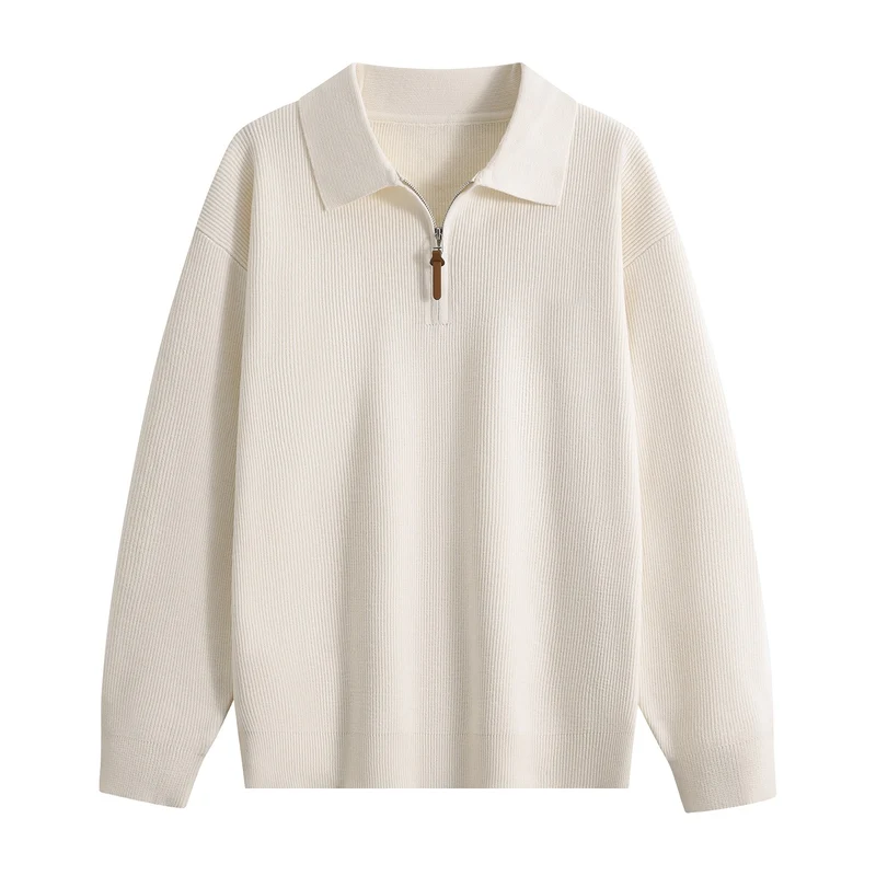 Damen Oversize Rippstrick-Pullover mit Polokragen & Kurz‑Zip Drune