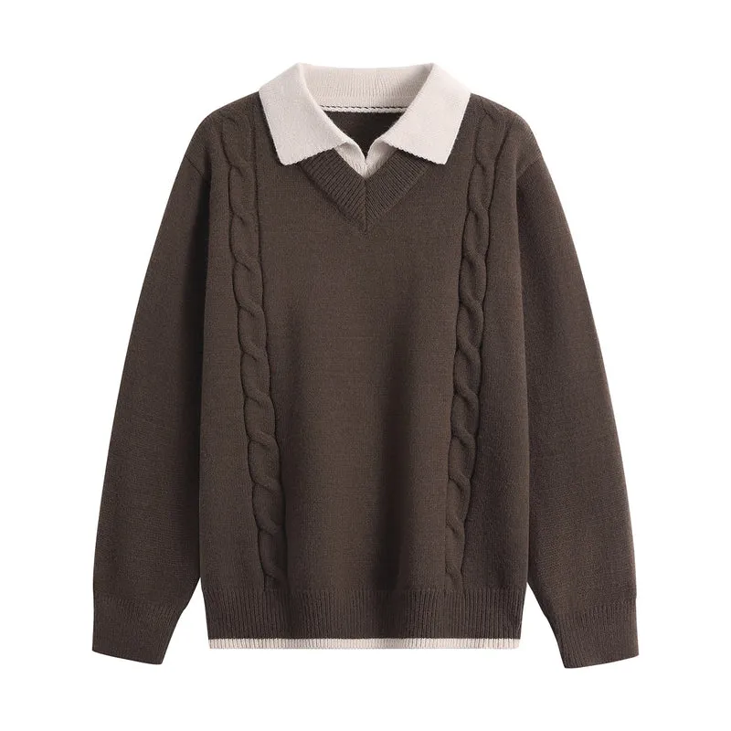 Damen Oversize-Pullover mit V-Ausschnitt, kontrastierendem Polokragen & Zopfstrick-Details Drune