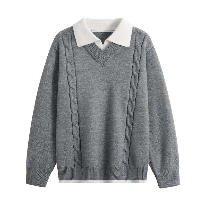 Damen Oversize-Pullover mit V-Ausschnitt, kontrastierendem Polokragen & Zopfstrick-Details Drune