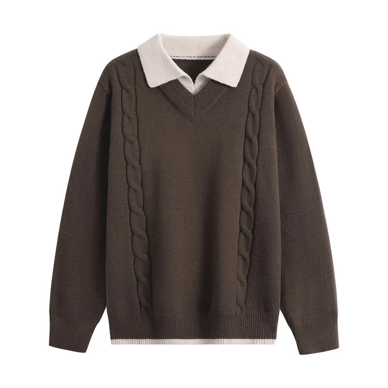 Damen Oversize-Pullover mit V-Ausschnitt, kontrastierendem Polokragen & Zopfstrick-Details Drune