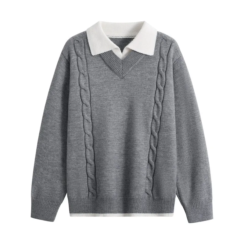 Damen Oversize-Pullover mit V-Ausschnitt, kontrastierendem Polokragen & Zopfstrick-Details Drune
