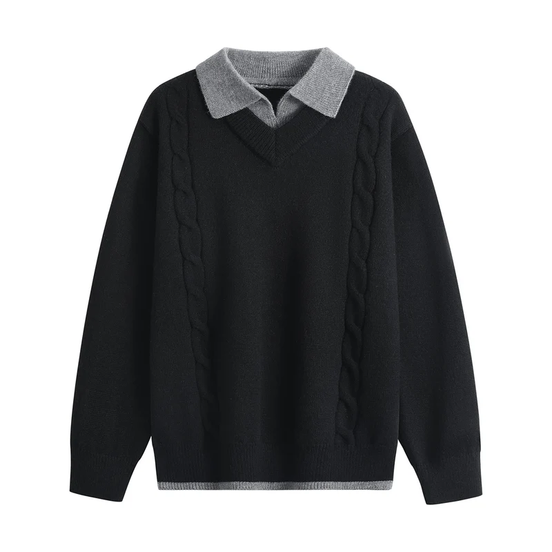 Damen Oversize-Pullover mit V-Ausschnitt, kontrastierendem Polokragen & Zopfstrick-Details Drune
