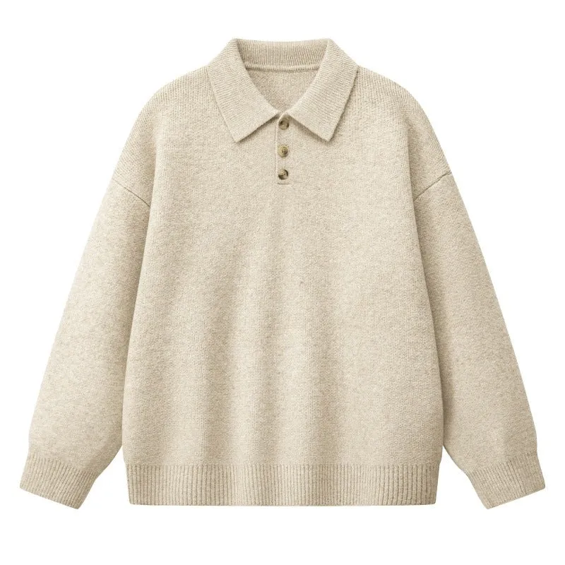 Damen Oversize Polokragen-Strickpullover mit Knopfleiste und geripptem Saum Drune