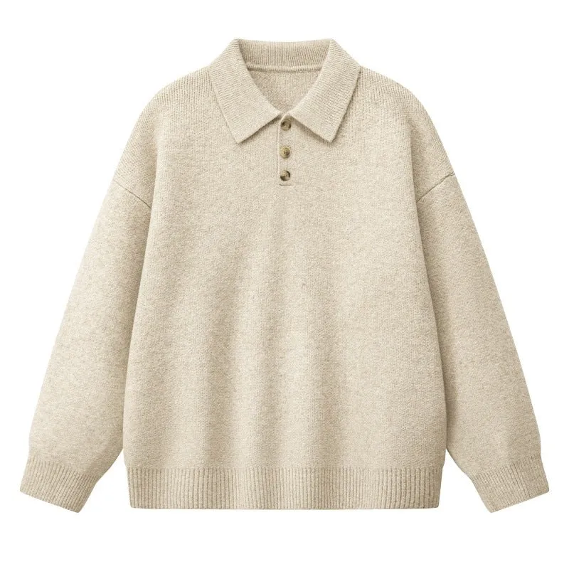 Damen Oversize Polokragen-Strickpullover mit Knopfleiste und geripptem Saum Drune