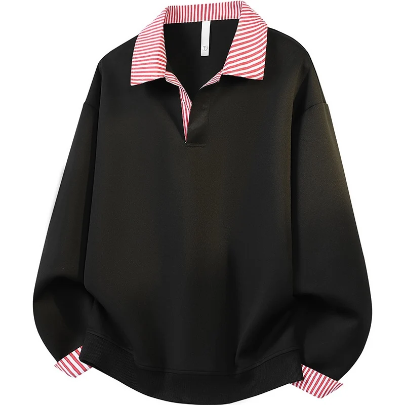 Damen Oversize-Polo-Sweatshirt mit Kontrastkragen & gestreiften Manschetten Drune