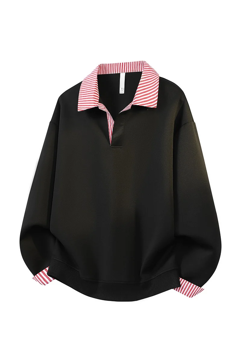 Damen Oversize-Polo-Sweatshirt mit Kontrastkragen & gestreiften Manschetten Drune