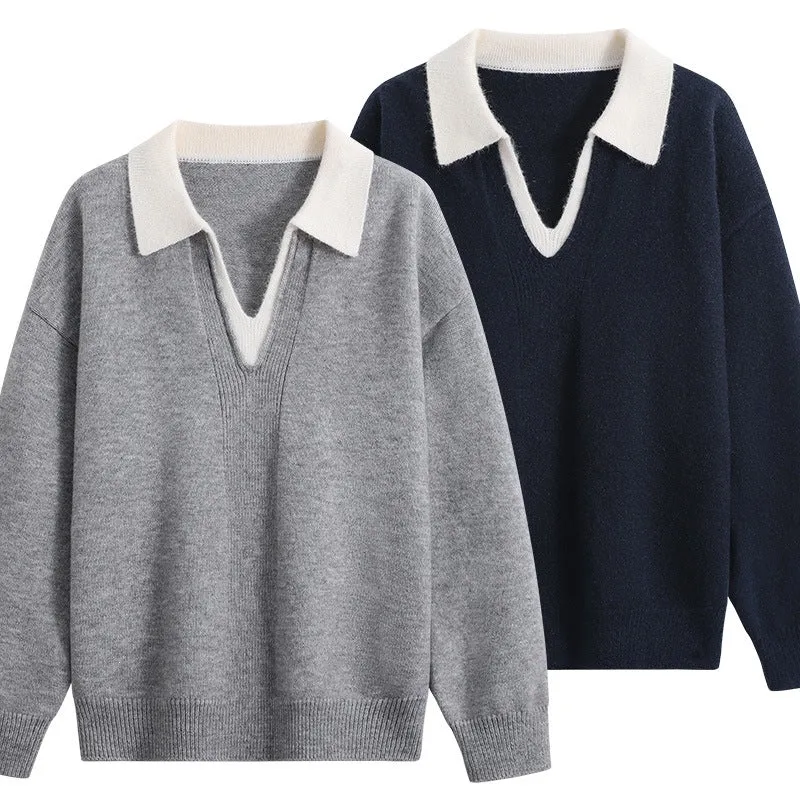Damen Oversize-Polo-Strickpullover aus weichem Wollmix mit kontrastkragen und tiefem V-Ausschnitt Drune