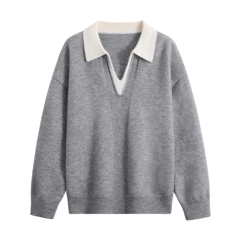 Damen Oversize-Polo-Strickpullover aus weichem Wollmix mit kontrastkragen und tiefem V-Ausschnitt Drune