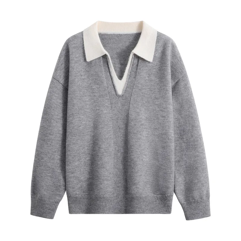 Damen Oversize-Polo-Strickpullover aus weichem Wollmix mit kontrastkragen und tiefem V-Ausschnitt Drune