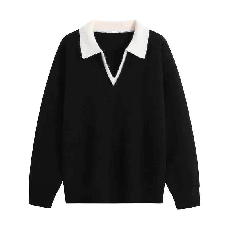 Damen Oversize-Polo-Strickpullover aus weichem Wollmix mit kontrastkragen und tiefem V-Ausschnitt Drune