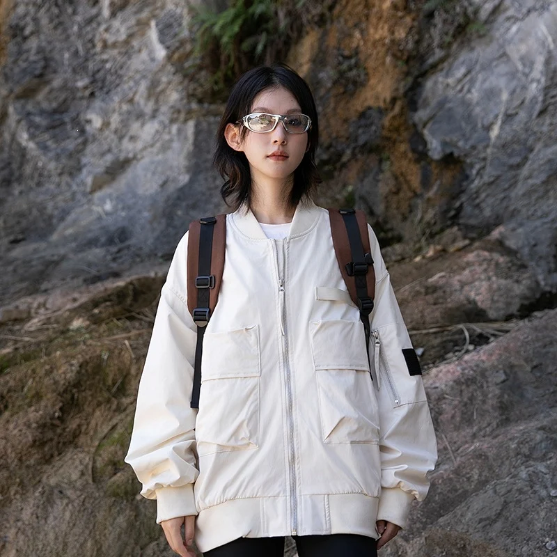Damen Oversize Multifunktionale Field-Bomberjacke mit Cargo-Taschen & gerippten Bündchen Drune