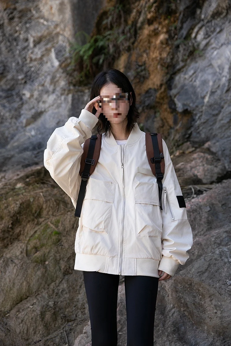 Damen Oversize Multifunktionale Field-Bomberjacke mit Cargo-Taschen & gerippten Bündchen Drune
