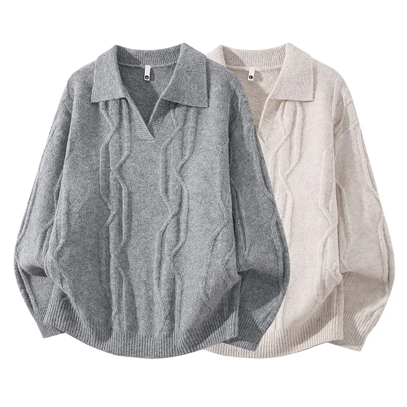 Damen Oversize Mohair‑Optik Zopfstrickpullover mit Polokragen und V‑Ausschnitt Drune