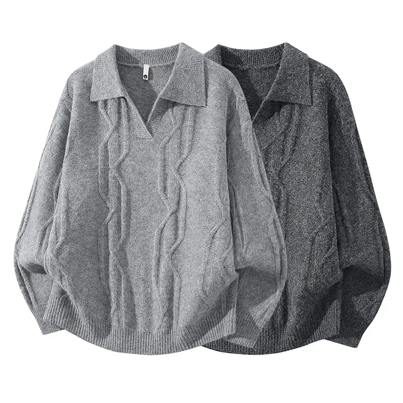 Damen Oversize Mohair‑Optik Zopfstrickpullover mit Polokragen und V‑Ausschnitt Drune