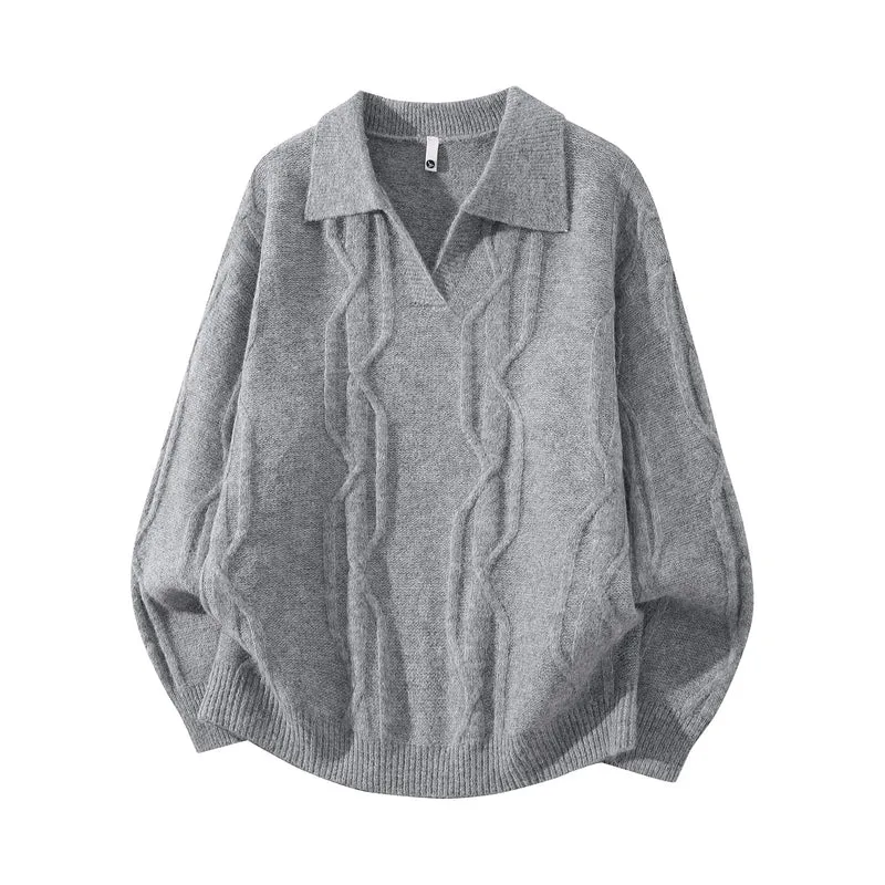 Damen Oversize Mohair‑Optik Zopfstrickpullover mit Polokragen und V‑Ausschnitt Drune