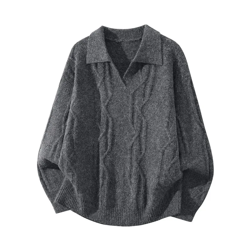 Damen Oversize Mohair‑Optik Zopfstrickpullover mit Polokragen und V‑Ausschnitt Drune