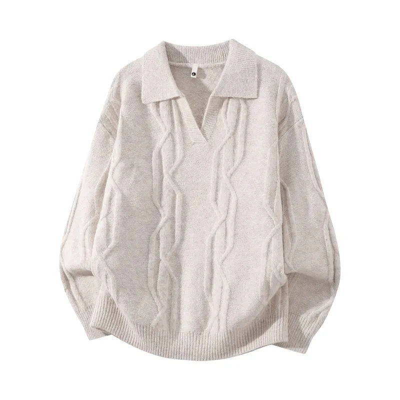 Damen Oversize Mohair‑Optik Zopfstrickpullover mit Polokragen und V‑Ausschnitt Drune