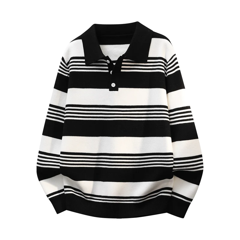 Damen Oversize Langarm-Polo-Strickpullover mit Retro-Streifen und Brustknopfleiste Drune