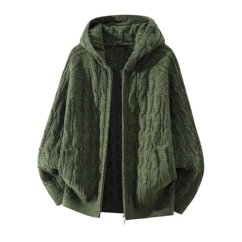 Damen Oversize Kapuzen-Strickjacke mit Zopfmuster und teilbarem Reißverschluss Drune
