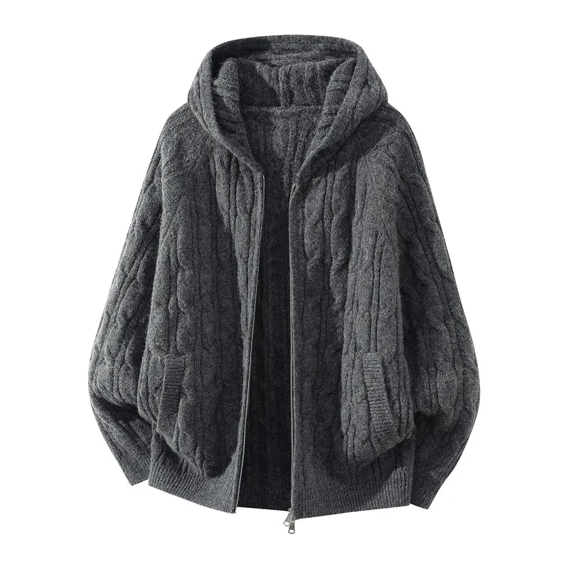 Damen Oversize Kapuzen-Strickjacke mit Zopfmuster und teilbarem Reißverschluss Drune