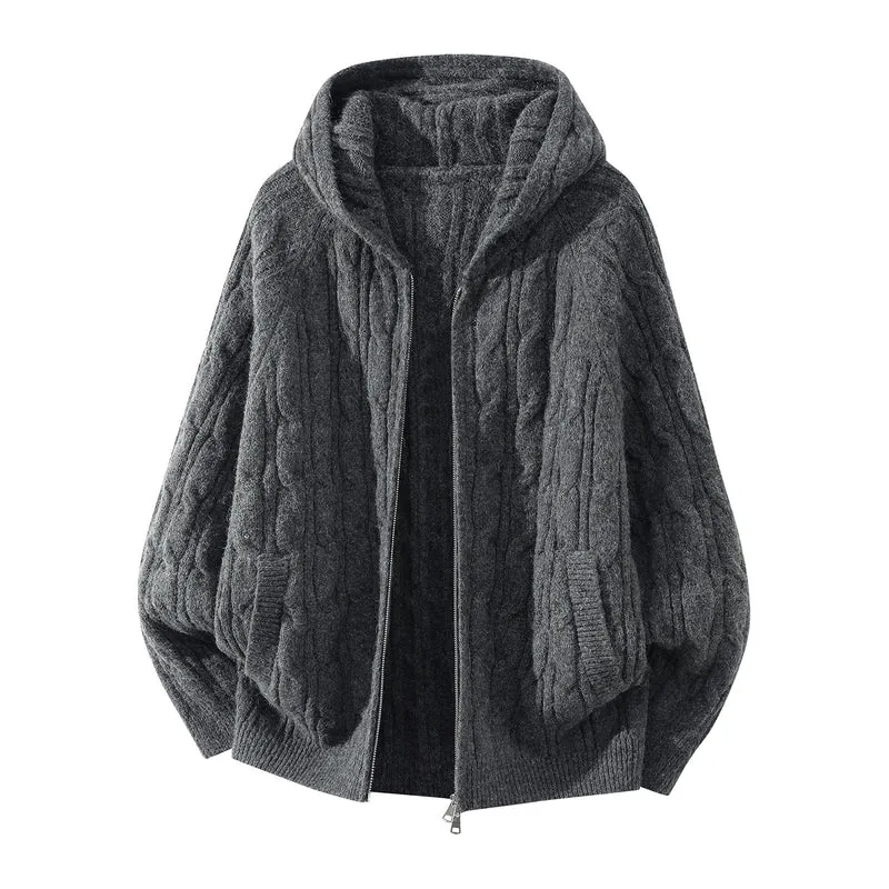 Damen Oversize Kapuzen-Strickjacke mit Zopfmuster und teilbarem Reißverschluss Drune